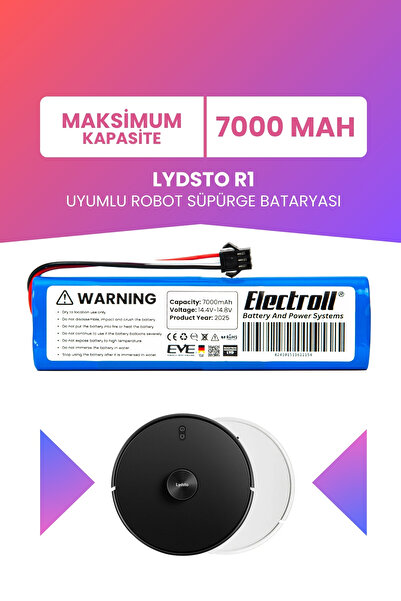 ELECTROLL Lydsto R1 Uyumlu Batarya (MAKSİMUM KAPASİTE) 7000mah Pil Robot Süpü...