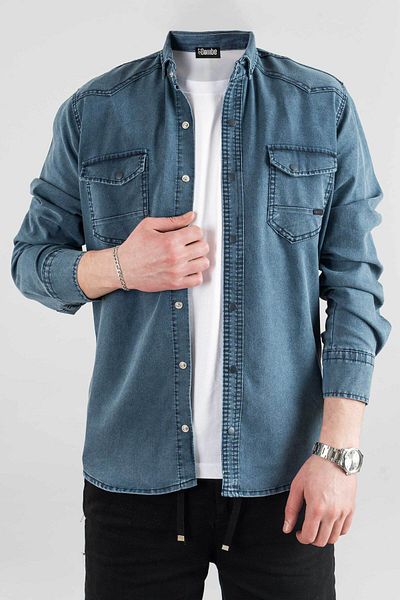 bombe Ανδρικό τζιν πουκάμισο Slim Fit σκούρο μπλε