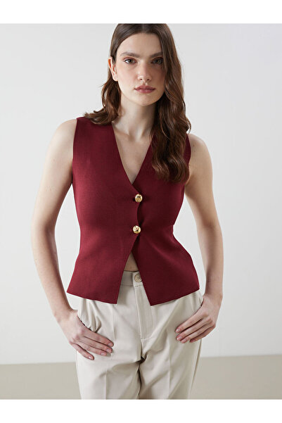LC Waikiki Burgundy V-Neck Women's Knitwear Vest from Güli̇s Store
