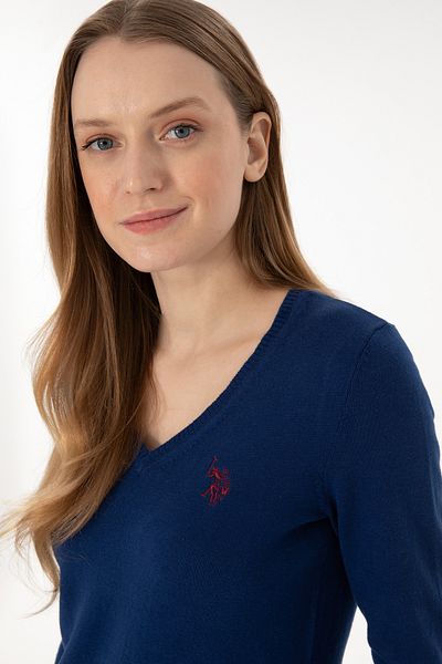 U.S. Polo Assn. Pulover de bază Indigo cu decolteu în V pentru femei 50293542 -VR028
