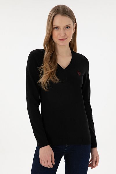 U.S. Polo Assn. Pulover de bază negru cu decolteu în V de damă 50293542 -VR046