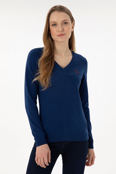 U.S. Polo Assn. Pulover de bază Indigo cu decolteu în V pentru femei 50293542 -VR028