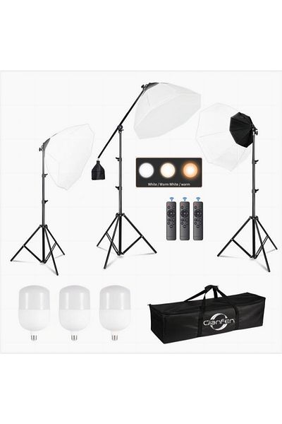 glanfen Photography Softbox Kit with 3x200W Bulbs & Carry Bag for Portrait Product Shooting
