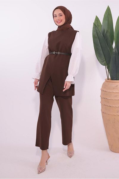 TRENDTESETTÜR Γυναικείο Σετ Παντελόνι Καφέ Ζώνη T0184