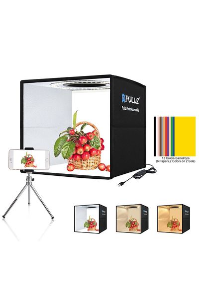 PULUZ 9.8" Foldable Portable Photography Shooting Box with Dual Color Ring Light & 12 Backdrops