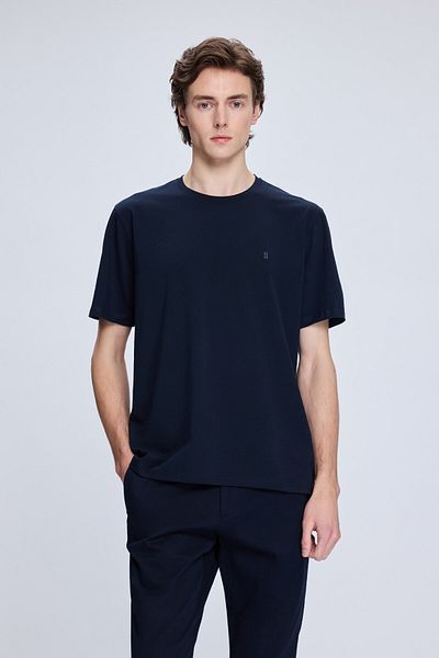 Hatemoğlu Βαμβακερό πλεκτό μπλουζάκι Navy Blue Regular Fit Crew Neck