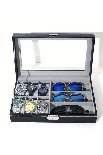 Homebiente Jewelbag Faux Leather Black Watch and Glasses Bag with Cover 33,5X20 cm