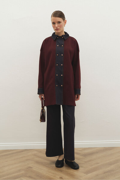 Hooopstore Denim Garni Detailed Mercerized Long Burgundy Cardigan