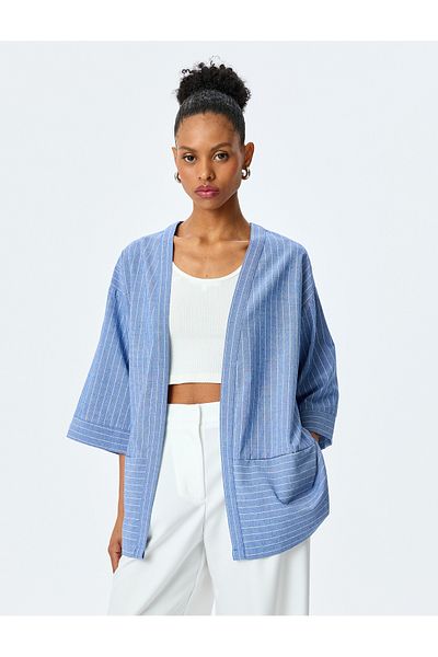 Koton V-Neck Pocket Detailed Oversize Striped Double Breasted Kimono