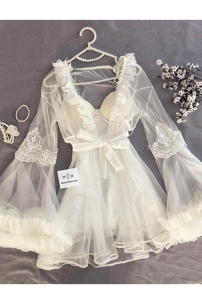 MH Moony Homewears Ultra Luxury Boxed Moony White Satin Nightgown Tulle Dressing Gown Set