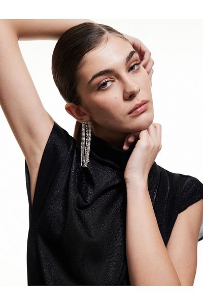 Koton Glittery Sleeveless Stand Collar Evening Dress Blouse with Binding Detail