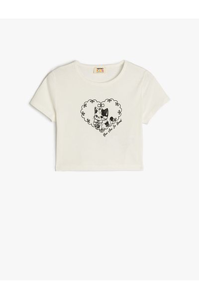 Koton Cat Printed Short Sleeve Crop T-Shirt