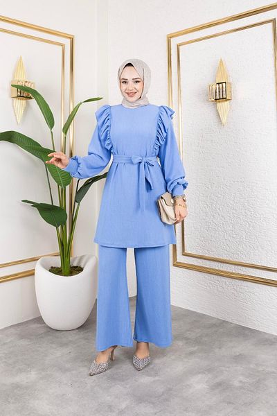Moda Ebva Ruffle Detailed Hijab Suit-3131 Baby Blue