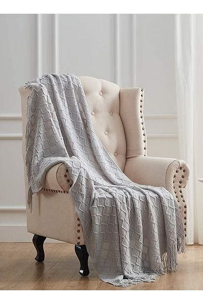 COOYA Knitted Throw Blankets, Warm Woven Blanket with Tassels for Couch Sofa  (130x170cm, Light Grey)