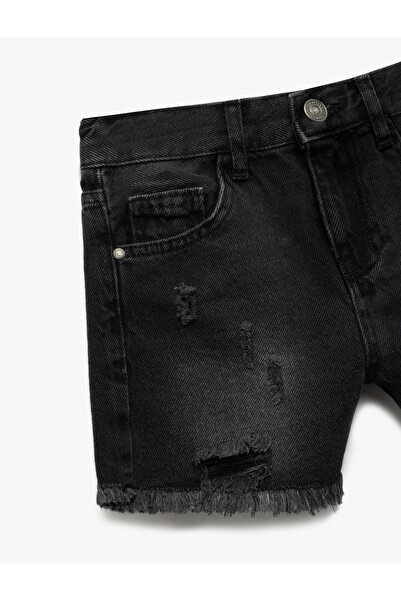 Koton Pamuklu Cepli Yıpratılmış Detaylı Yüksek Bel Denim Şort
