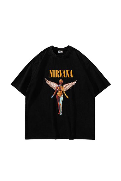 Sekizbiraltı Μπλουζάκι Nirvana Angel με στάμπα Oversize Unisex μαύρο μπλουζάκι
