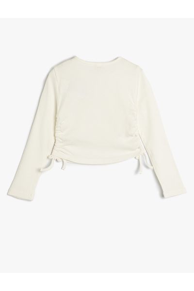 Koton Long Sleeve Crop T-Shirt Tie-Up Side Gathered Crew Neck Cotton