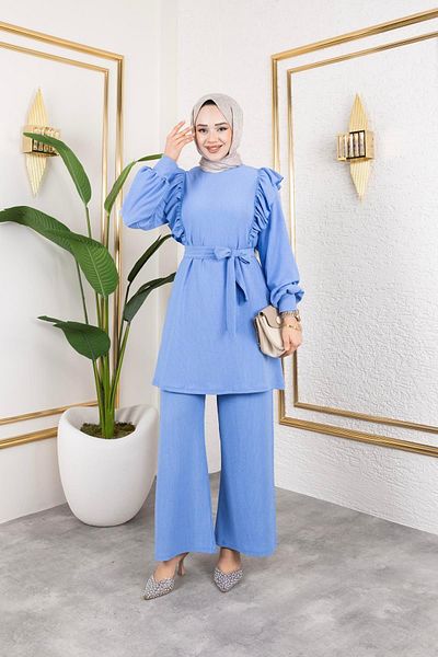 Moda Ebva Ruffle Detailed Hijab Suit-3131 Baby Blue