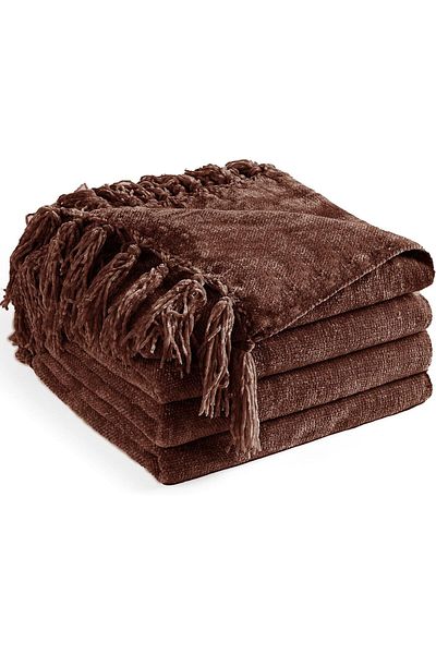 COOYA Chenille Throw Blanket for Couch 50"X60", Knitted Soft Cozy Throw Blanket with Fringe Tassel, Brown