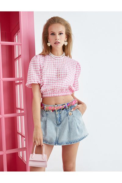 Koton Crop μπλούζα με μπαλόνι μανίκι με λαιμόκοψη με ελαστική μέση