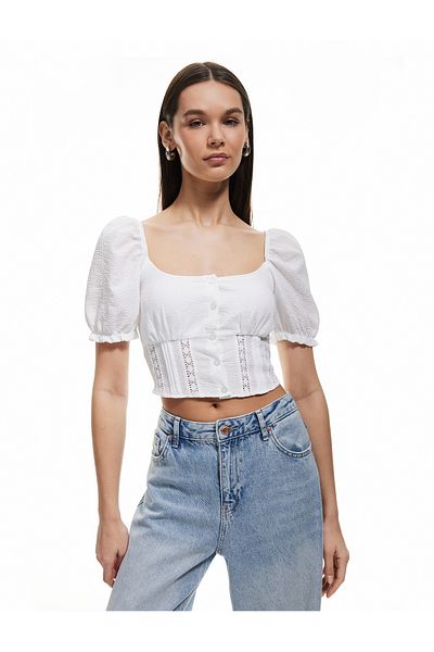Koton Gimped Poplin Balloon Sleeve Lace Detailed Crop Blouse