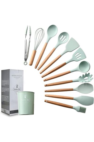 COOYA 11 Pieces Silicone Cooking Utensils Set, Nonstick Cookware, Heat Resistant, with Nature Wood Handles