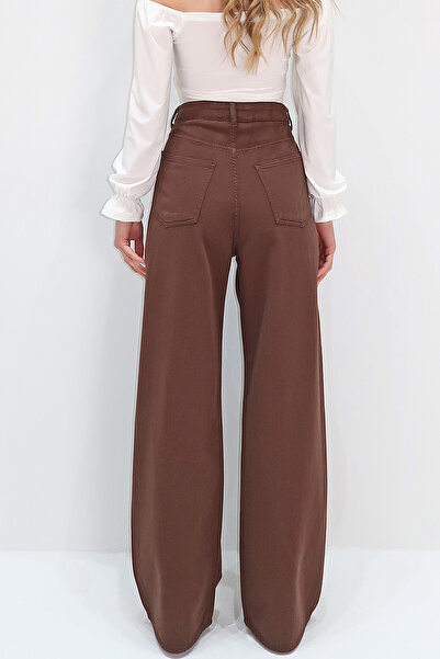 VAGGON Kadın Kahverengi Yüksek Bel Beş Cepli Wide Leg Yazlık Gabardin Pantolon Prmx13761