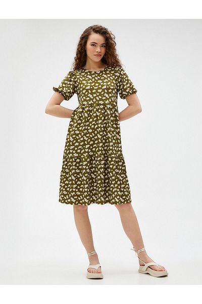 Koton Floral Dress Midi Flounce Crew Neck
