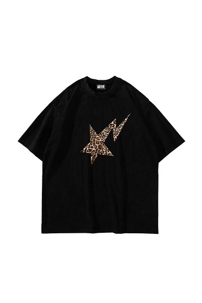 Sekizbiraltı Unisex Premium μαύρο μπλουζάκι - Leopard Falling Star Printed, Oversize