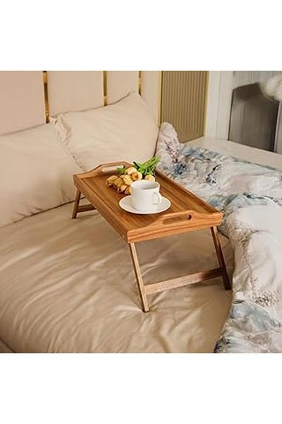 NZM TİCARET Acacia Wood Bed Enjoyment Serving Tray with Folding Legs, Wooden Bed Tray - Comfortable and Stylish
