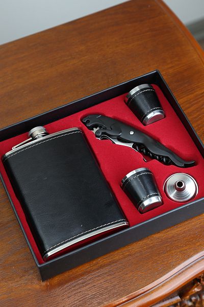imsaconcept Black Flask Set with 2 Shot Glasses, Funnel and Corkscrew with Tiger Figure 8.oz Gift for Lover