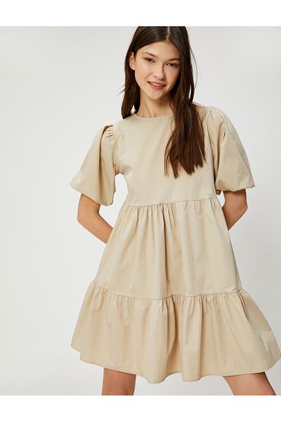 Koton Women's Clothing Mini Dress Balloon Sleeve Flounce Crew Neck Cotton 3sal80047ıw Stone Stone
