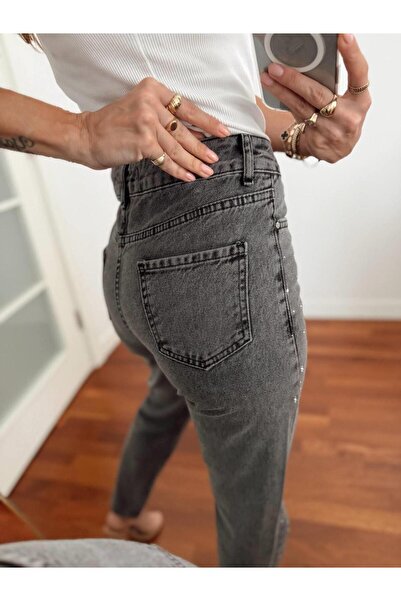 Maldia Shop Women's Stone Detail High Waist Black Mom Jean 1414