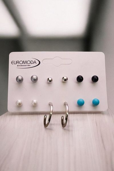 EUROMODA Set of 6 Black, Turquoise and Gray Beaded Earrings with Pearl Ball Earrings
