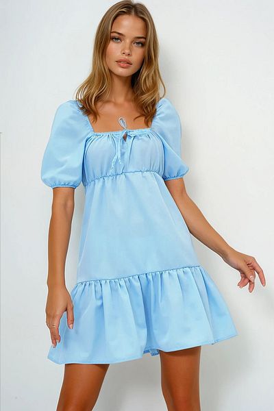 VAGGON Rochie mini din popelin cu mâneci cu balon, albastru baby, cu gât pătrat Prmx13594