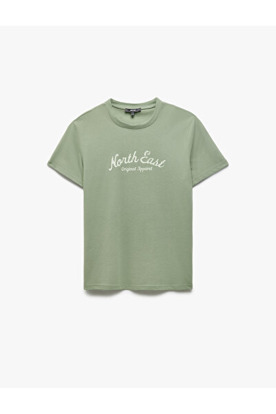 Koton تي شيرت من نسيج بيكيه مطبوع من القطن بأكمام قصيرة ورقبة دائرية