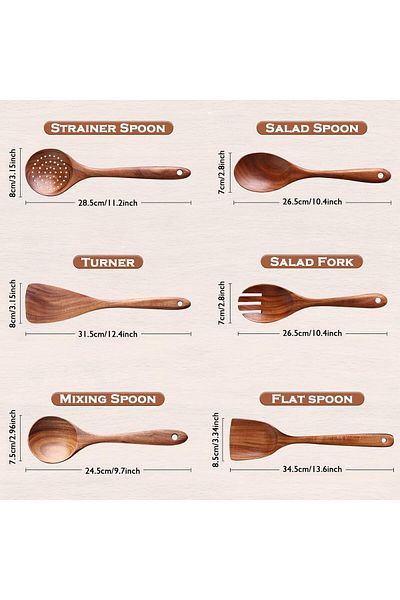 COOYA Kitchen Utensil Set, Wooden Non Stick, Spoons Spatulas and Salad Forks Set (Brown)