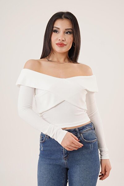 Hipo Trend Şal Yaka Omuz Dekolteli Beyaz Bluz