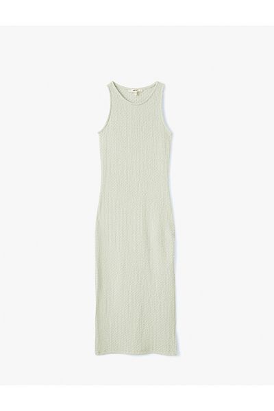 Koton Crew Neck Sleeveless Slit Textured Midi Length Pencil Dress