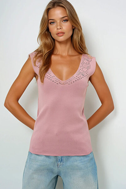 VAGGON Women's Powder Front Back V Neck Openwork Summer Knitwear Blouse Prmx13753