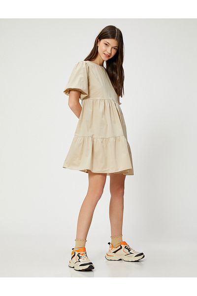 Koton Women's Clothing Mini Dress Balloon Sleeve Flounce Crew Neck Cotton 3sal80047ıw Stone Stone