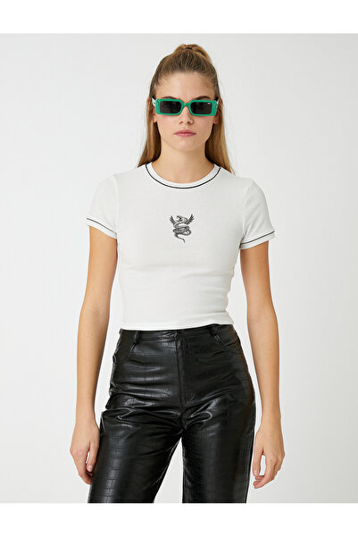 Koton Crop T-Shirt Short Sleeve Printed