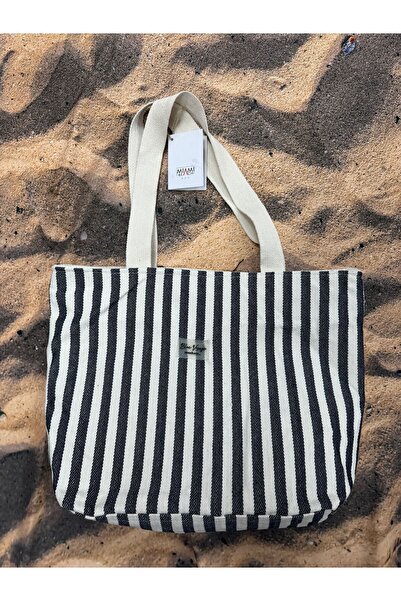 Miami Beach حقيبة شاطئ قطنية مخططة باللون الأزرق الداكن