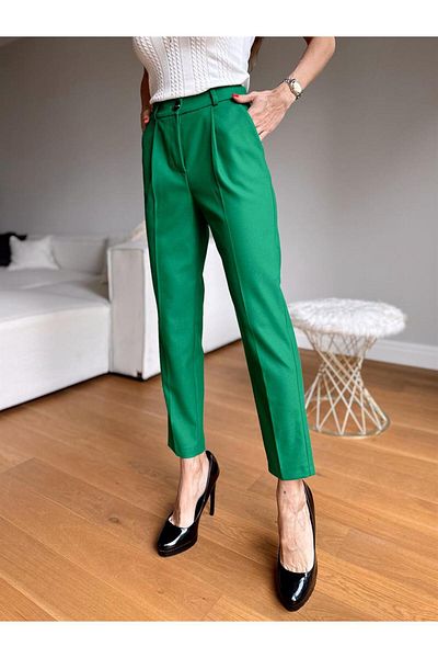 Maldia Shop Pantaloni de damă din bumbac verde morcov cu buzunare elastice în talie