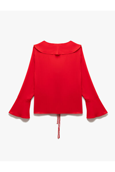 Koton Long Spanish Sleeve V-Neck Bow Detail Tie-Up Crepe Ruffle Shirt