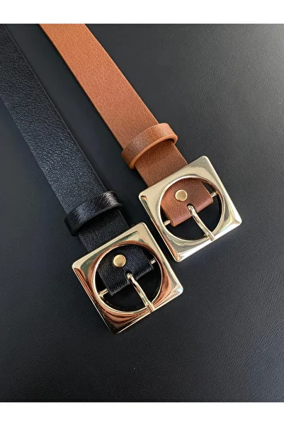 LİA KEMER 2-Piece Square Gold Buckle Model Belt Waist Belt Coat Belt Dress Belt Trouser Belt