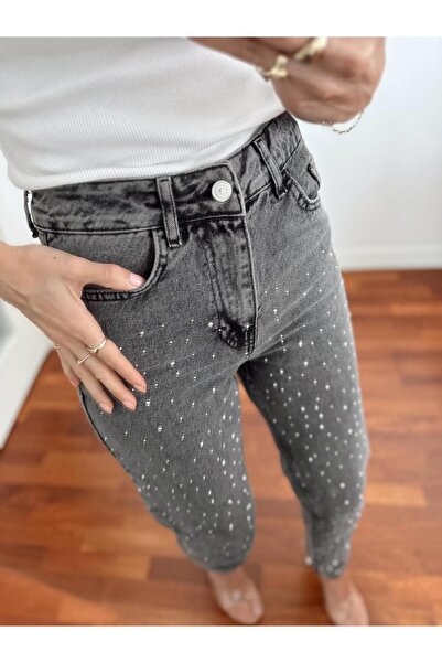 Maldia Shop Women's Stone Detail High Waist Black Mom Jean 1414