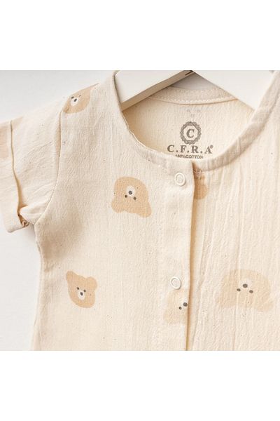 limebabies Muslin Teddy Bear Patterned Barbatöz 100% Cotton Hat Jumpsuit Set