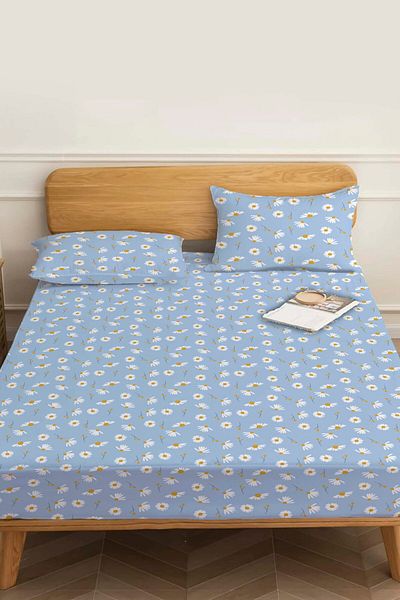 Rivaİstanbul Double Bed Sheet Blue Daisy Cotton