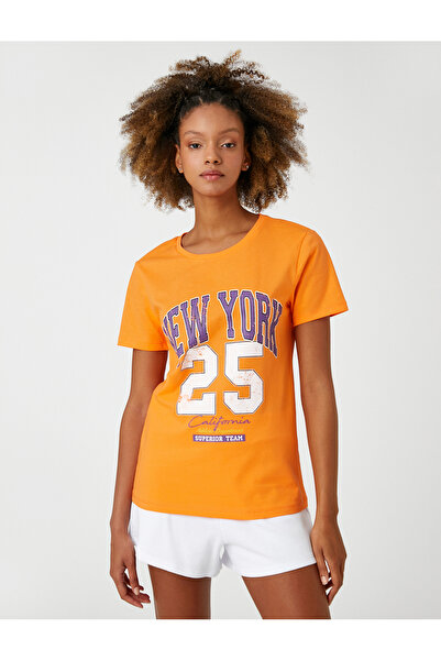 Koton Μπλουζάκι με κοντό μανίκι με λαιμόκοψη College Printed